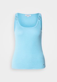 Light blue, fitted tank top made of stretchy material. Features silver hardware on straps and a square neckline. Smooth texture.