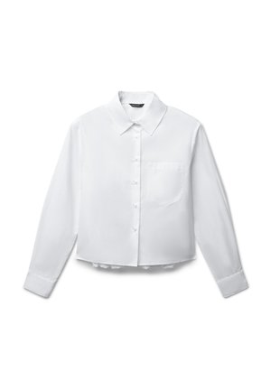 Chemise blanche à manches longues avec col, poche poitrine simple et ourlet légèrement court sur fond blanc.