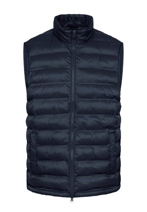 Navy blue, padded sleeveless vest with a high collar, zip front, and two side pockets. Smooth texture with horizontal quilted design.