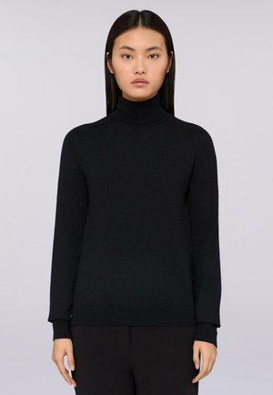 Sudadera negra de cuello alto con mangas largas, tejido de punto ligero, puños y dobladillo acanalados, forma ajustada, diseño simple sin patrones.