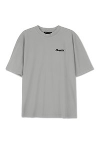 Gray cotton t-shirt with a round neckline and short sleeves, featuring a small black logo on the left chest area.