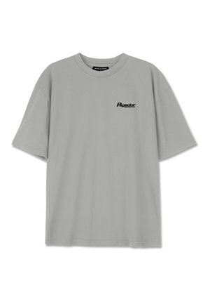 Gray cotton t-shirt with a round neckline and short sleeves, featuring a small black logo on the left chest area.