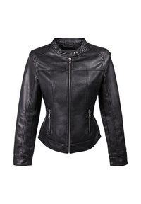 Giacca di pelle nera con un design aderente, colletto alto, chiusura frontale con zip e due tasche laterali con zip. Texture liscia con dettagli di cucitura.
