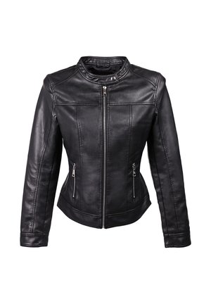 Giacca di pelle nera con un design aderente, colletto alto, chiusura frontale con zip e due tasche laterali con zip. Texture liscia con dettagli di cucitura.