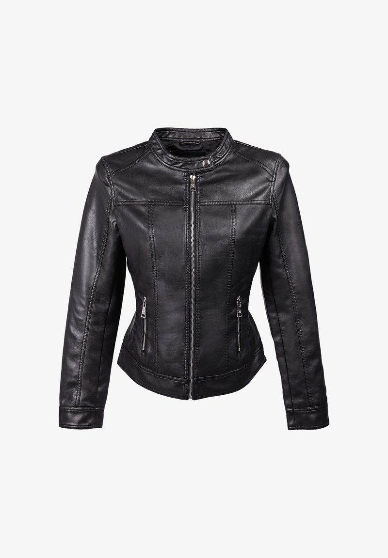 Giacca di pelle nera con un design aderente, colletto alto, chiusura frontale con zip e due tasche laterali con zip. Texture liscia con dettagli di cucitura.