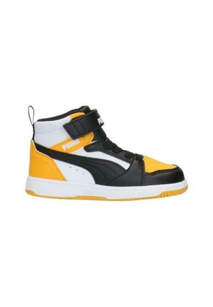 Sneaker alte Puma in pelle sintetica nera, bianca e gialla. Presentano una fascia in Velcro, dettagli testurizzati e un design audace.
