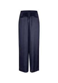 Pantalones de pierna ancha en azul marino, fabricados con una tela suave y ligera. Presentan una cinturilla elástica y dos bolsillos traseros.