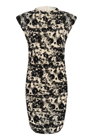 Black and white floral printed dress with a fitted silhouette, smooth fabric, high neckline, and cap sleeves. Concealed back zipper detail.