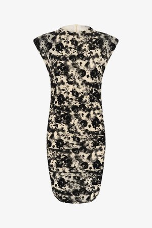 Vestido impresso em florais em preto e branco com uma silhueta ajustada, tecido suave, decote alto e mangas curtas. Detalhe de fecho oculto nas costas.