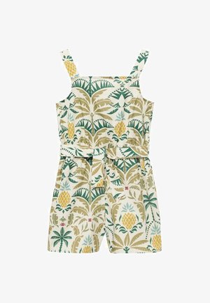 Tlačený bezrukávový overal v off-white farbe, s zeleno-zlatým tropickým vzorom listov a ananásov, s vyhovujúcim opaskom v oblasti pása.