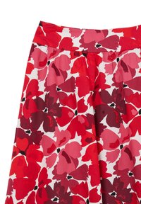 Gonna floreale con motivi floreali sovradimensionati rossi e rosa su sfondo bianco, con una consistenza liscia e tessuta e vita elastica.