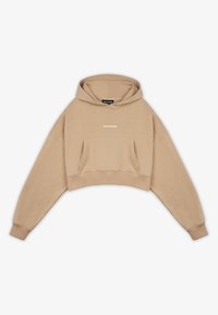 Beige kort hoodie med framficka, långa ärmar och liten vit "PEGADOR" text centrerad på bröstet.