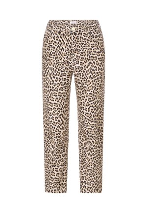 Die Leopardenmuster-Hose hat einen beigen Hintergrund mit schwarzen Flecken, einen geraden Schnitt und einen klassischen Bund mit einem Frontknopfverschluss.