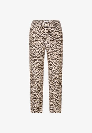 Die Leopardenmuster-Hose hat einen beigen Hintergrund mit schwarzen Flecken, einen geraden Schnitt und einen klassischen Bund mit einem Frontknopfverschluss.