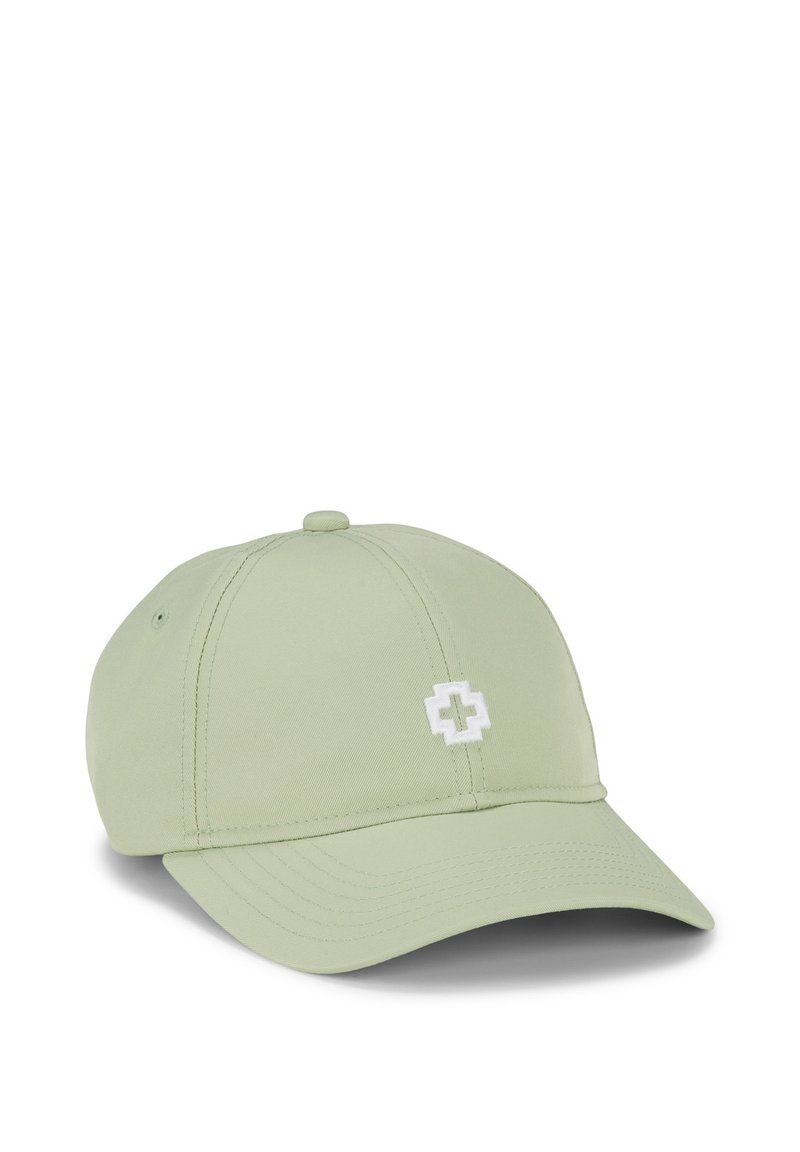 Hellgrüner Baseballcap aus Stoff mit glatter Textur, auf der Vorderseite mit einem weißen Kreuzlogo ausgestattet. Mit gebogenem Schirm und verstellbarem Rücken.