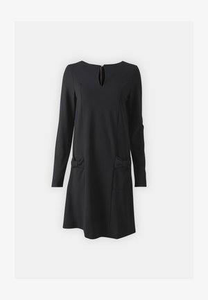 Fekete, hosszú ujjú ruha kerek nyakkivágással és kulcslyuk kivágással. Két elülső zsebbel rendelkezik, masni díszítéssel, és hátul cipzárral záródik.