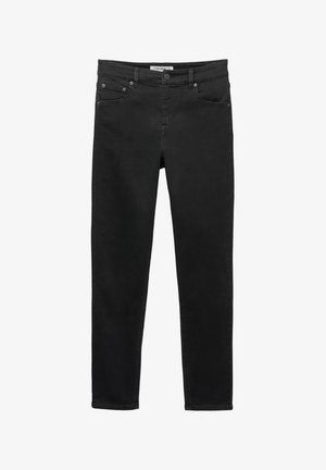 Schwarze Denim-Jeans mit schlanker Passform, Fünf-Taschen-Design, Knopfverschluss und Gürtelschlaufen. Glatte Textur mit einheitlicher Farbe.