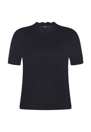 Haut noir en maille à manches courtes avec encolure ronde et détails texturés subtils sur les manches et l'ourlet.