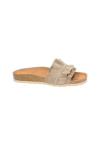 Beige schuif-sandaal met een gerimpelde band, kurken zool en een tan voetbed, tegen een effen witte achtergrond.