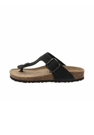 Sandalo infradito nero con soletta in sughero, cinturino regolabile con fibbia quadrata, suola strutturata e materiale superiore liscio.