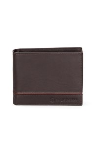 Portefeuille en cuir marron avec une texture lisse, présentant une couture contrastante discrète et un logo embossé à l'avant. Forme rectangulaire compacte.