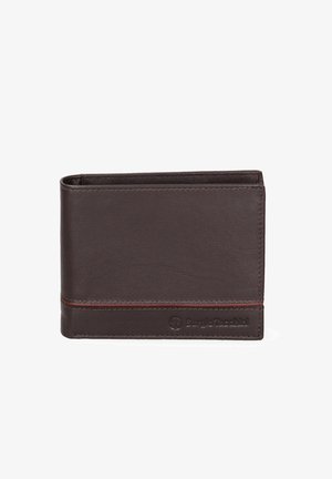 Portafoglio in pelle marrone con una texture liscia, caratterizzato da una cucitura sottile a contrasto e un logo impresso sul fronte. Forma rettangolare compatta.