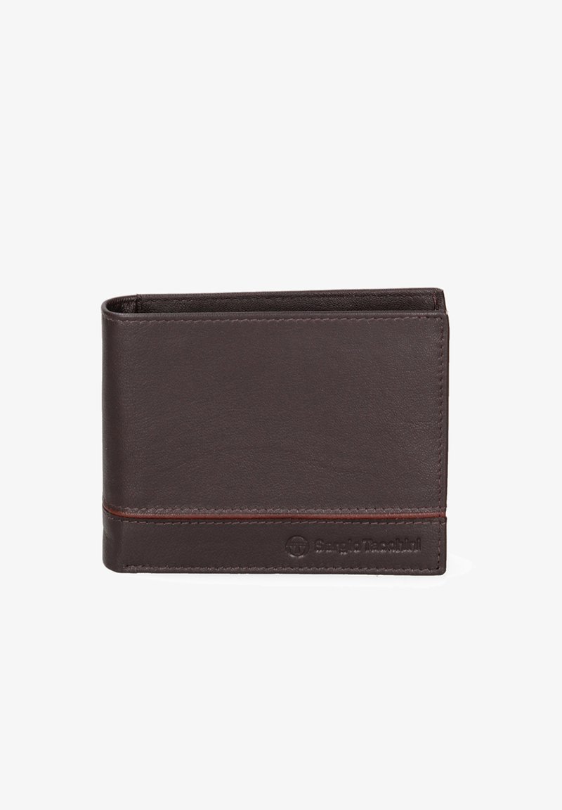 Portefeuille en cuir marron avec une texture lisse, présentant une couture contrastante discrète et un logo embossé à l'avant. Forme rectangulaire compacte.