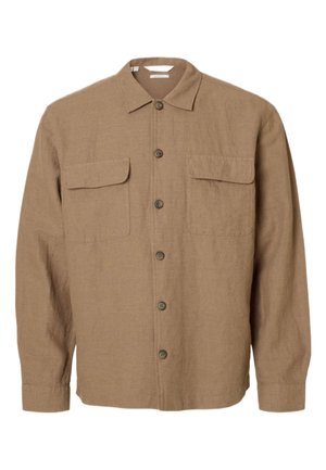 Brown long-sleeve button-up shirt with two chest pockets featuring flaps, a standard collar, and buttoned cuffs.