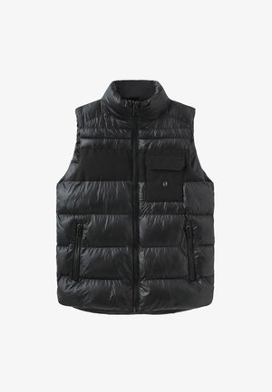 Must küljekaelusega must kergvest, millel on tõmblukk ees ja kaks külgepinget. Ülemise rinnaosa must paneel ja väike eesmine tasku.