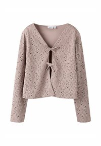 Rosenfarvet cropped top med lange ærmer, der har et diamantmønster, v-halsudskæring og to fronter til lukning.