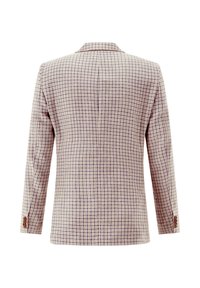 Gestreifter Blazer in beige und lila Tönen, mit klassischem Revers, langen Ärmeln und Knopfdetails an den Manschetten.
