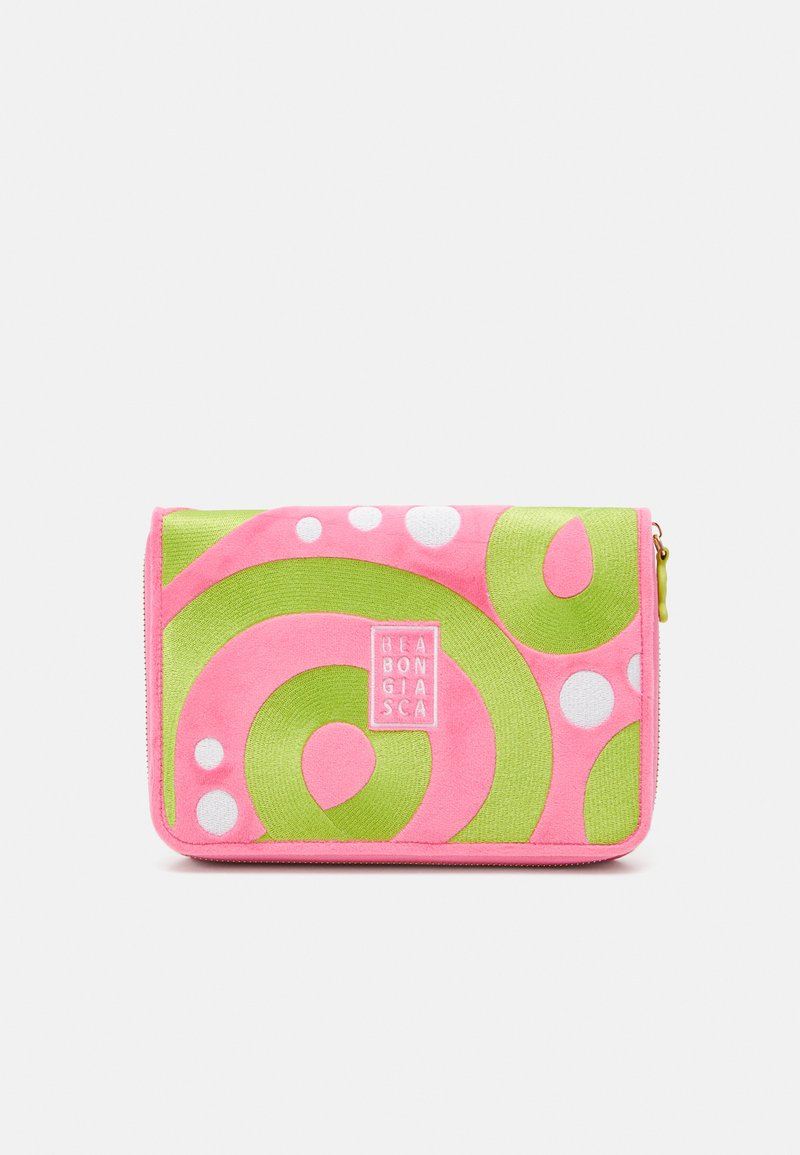 Pink and green zippered wallet featuring bold swirling patterns and white dots. Made of textured fabric with a rectangular shape.