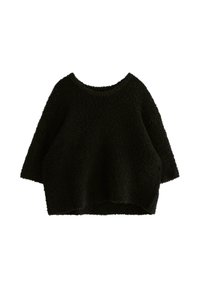 Musta lyhyt crop-top, jossa on pehmeä, teksturoidun karhea materiaali. Ominaisuuksiin kuuluu leveä pääntie ja roikkuvat olkasaumat. Lyhyet, väljästi istuvat hihat.