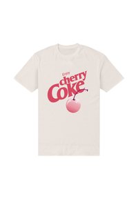 Witte t-shirt met grote rode tekst "Geniet van cherry Coke" en een grafische afbeelding van een kers met rode strepen. Glad katoenmateriaal, korte mouwen.