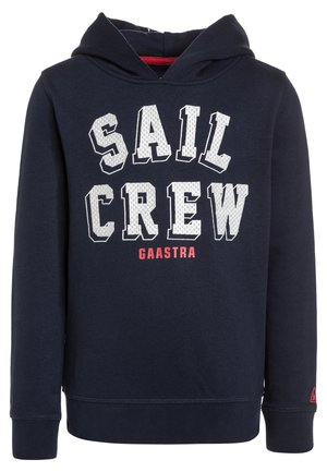 Mørkeblå hættetrøje med hvid teksten "SAIL CREW" og lille rød "GAASTRA"-logo foran, lange ærmer samt ribstrikkede ærmeafslutninger og kant.