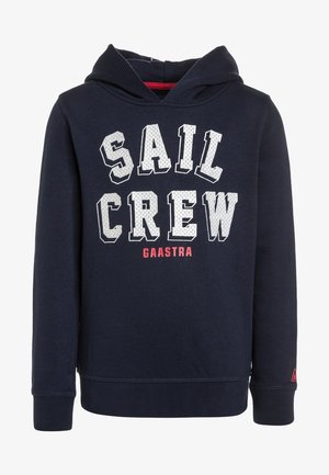 Sweat à capuche bleu marine avec le texte blanc "SAIL CREW" et petit logo rouge "GAASTRA" à l'avant, manches longues, et poignets et ourlet côtelés.