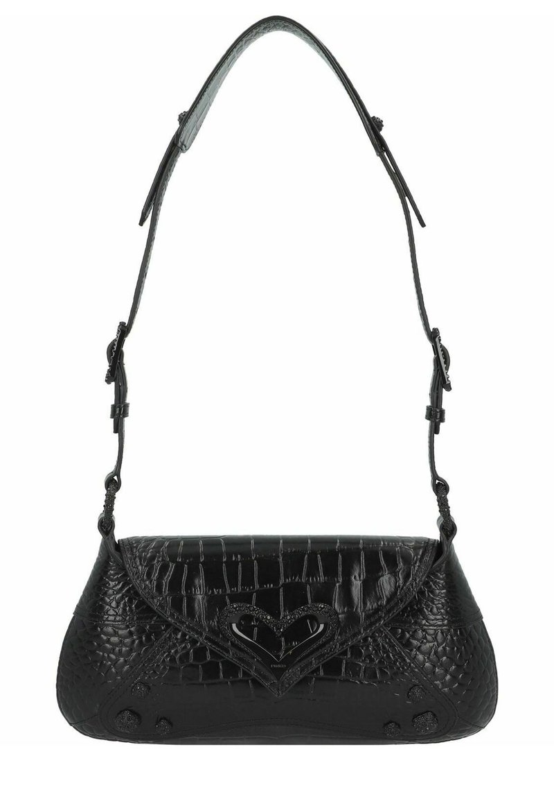 Borsa nera con motivo texturizzato a coccodrillo, dettaglio hardware a forma di cuore e una lunga tracolla regolabile per indossarla sulla spalla.