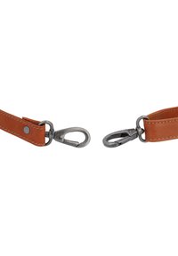 Cinturino in pelle marrone con estremità in metallo a clip; presenta cuciture visibili e una texture liscia; la ferramenta ha una finitura argento invecchiata.