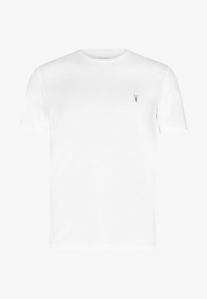 Valge puuvillane t-särk lühikeste varrukatega, ümmargune kaelus ja väike hall logo vasakul rinnal. Sile tekstuur, vabaja vorm.