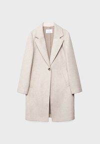 Beige wool blend coat with notch lapels, long sleeves, front button closure, and side pockets. Smooth texture and knee-length design.