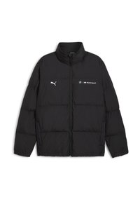Sort pufferjakke lavet af letvægtsstof, med høj krave, lynlås og logoer fra Puma og BMW Motorsport.