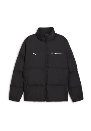 Sort pufferjakke lavet af letvægtsstof, med høj krave, lynlås og logoer fra Puma og BMW Motorsport.