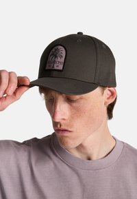 Jonge man die een donkere pet met palmboom-patch en "Billabong"-logo rechtzet, draagt een lichtpaarse rondehals shirt, tegen een witte achtergrond.