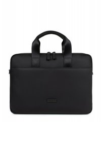 Zwarte laptoptas van textiel, met dubbele bovenhandvatten, een ritssluiting en een merkembleem aan de voorkant. Rectangulaire vorm.