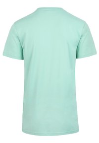 Mintgrünes T-Shirt mit kurzen Ärmeln, hergestellt aus weicher Baumwolle, hat einen runden Ausschnitt und eine glatte, gleichmäßige Textur. Keine Designs oder Muster.