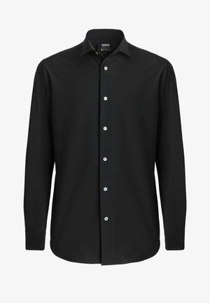 Black long-sleeve shirt with a structured collar, button-down front, and white buttons for contrast. Smooth fabric with a sleek finish.