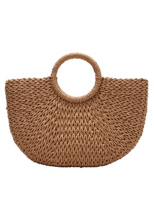 Geflochtene Strohtasche in Form eines Halbkreises mit rundem Griff, in natürlicher brauner Farbe und strukturierter Oberfläche. Großes, offen gestaltetes Design.