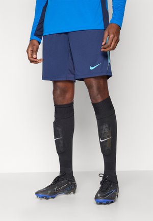 Nike blue long-sleeve top, navy shorts, black socks with white accents, and black cleats with blue details. Features lightweight, athletic design.