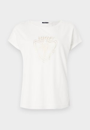 Witte katoenen t-shirt met korte mouwen, ronde halslijn en een textuur met een gouden logo ontwerp op de voorkant. Soepele, casual pasvorm.