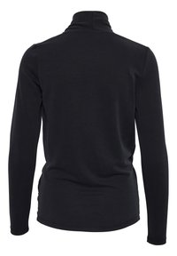 Haut noir à manches longues avec un col haut, en tissu lisse. Présente un design ajusté et des coutures discrètes le long du dos pour plus de détails.